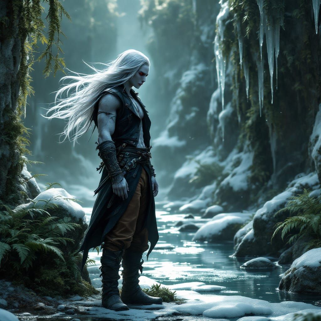 Albino Drow at Magical Healing Spring in Icy Valley