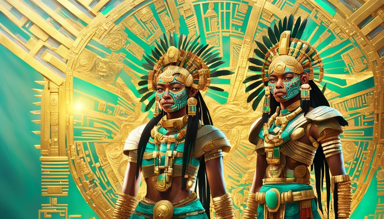 Dazzling Aztec Cyborg Princess in Vibrant Gold and Jade