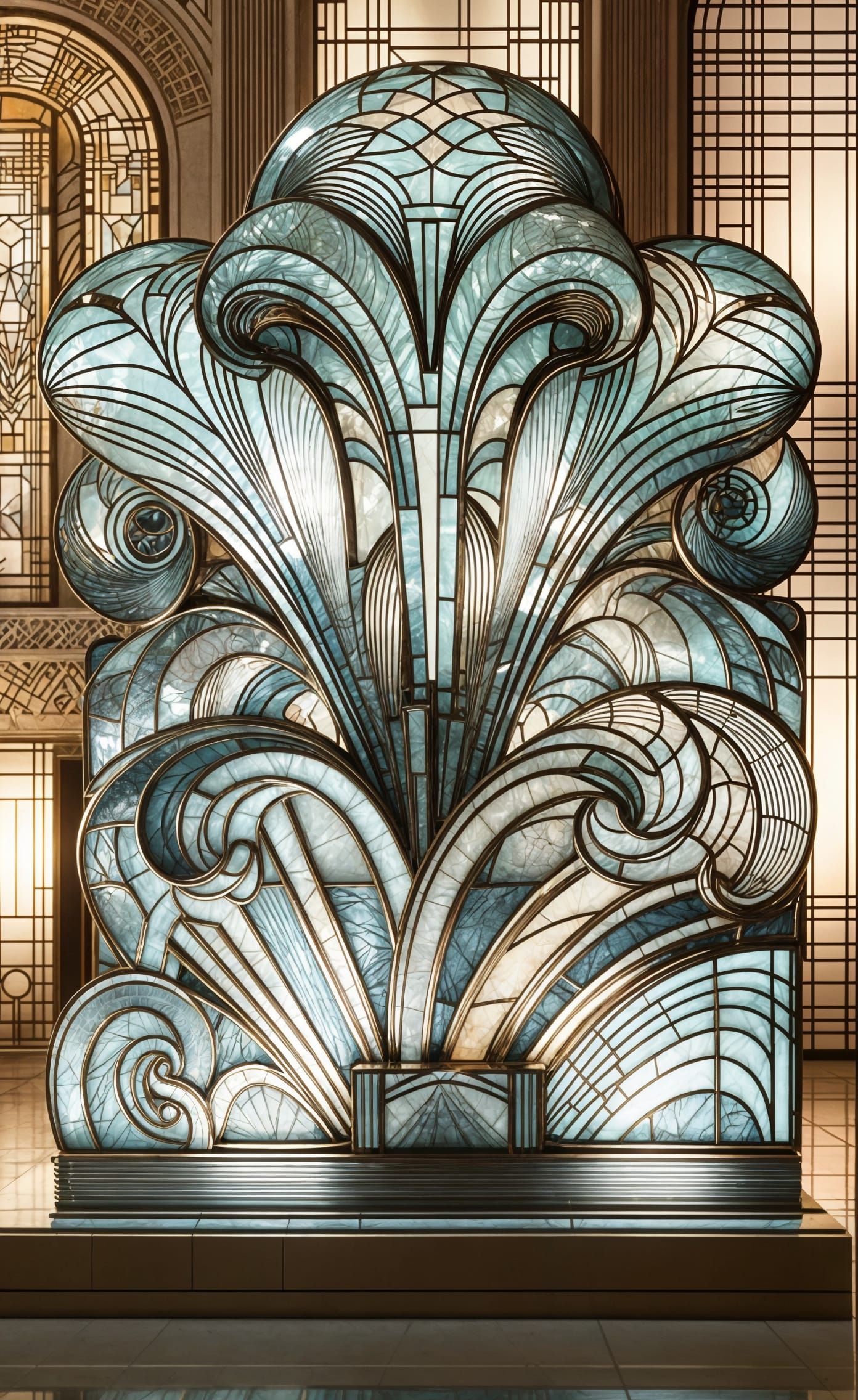 Art Deco Enameled Glass Sculpture in Exhibition Hall