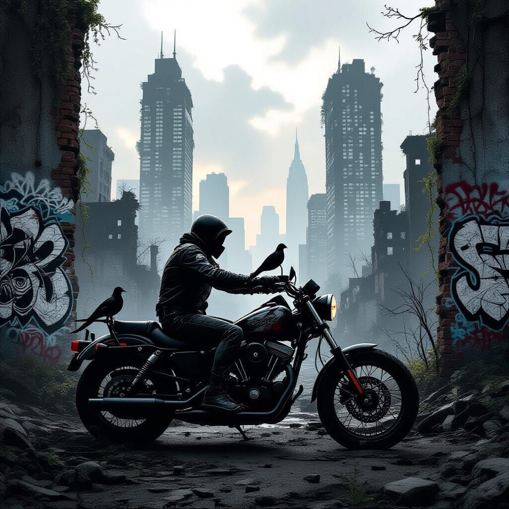Lone Rider in Overgrown Post-Apocalyptic City