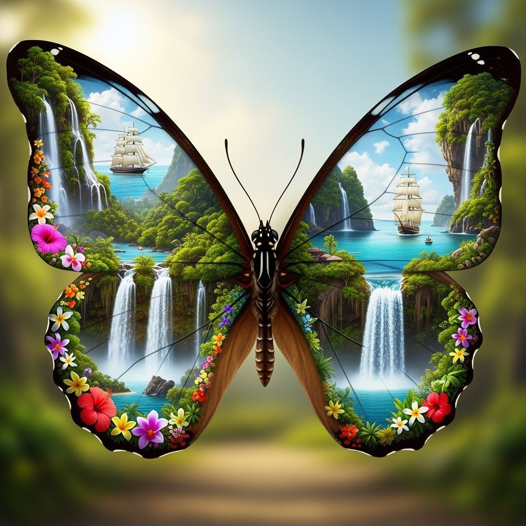 Island Landscape Butterfly: Hyper-Realistic Photography