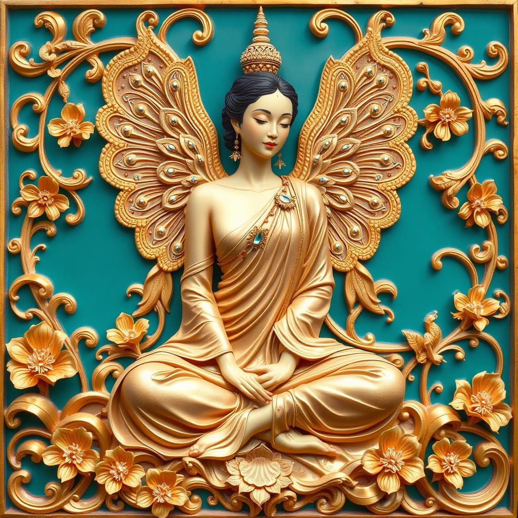 Thai-Inspired Goddess in Jewel-Toned Robes Amidst Lush Folia...