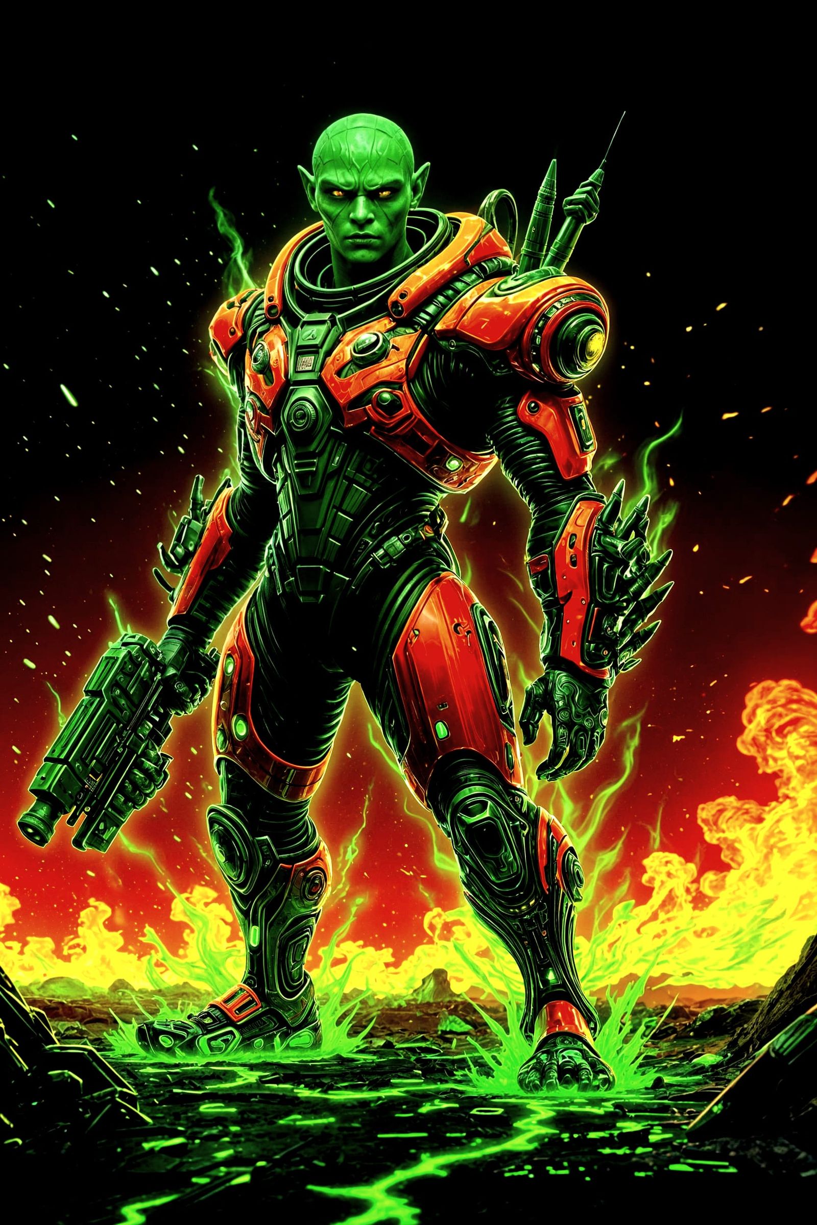 Neon Green Alien Warrior in Fiery Combat