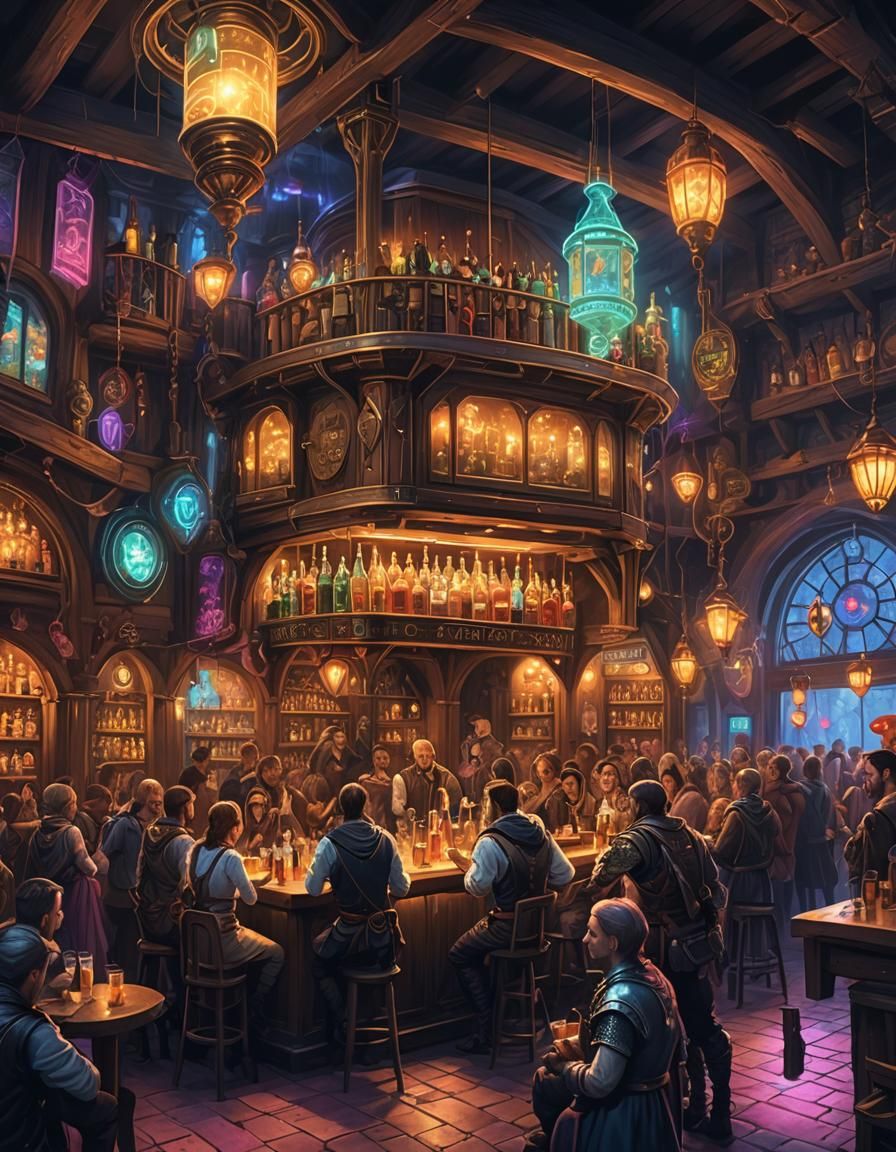 Fantasy Tavern with Magical Neon Lights