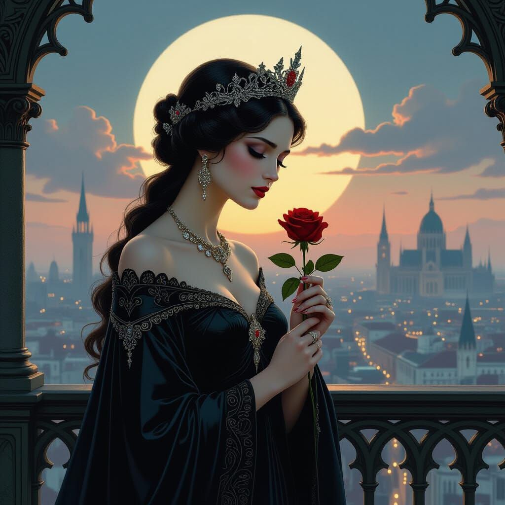 Sorrowful Art Nouveau Queen Overlooking Twilight City