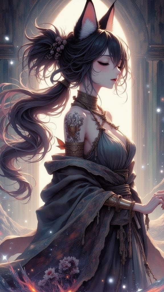 Aesthetic Catgirl with Runic Arm in Impressionist Style