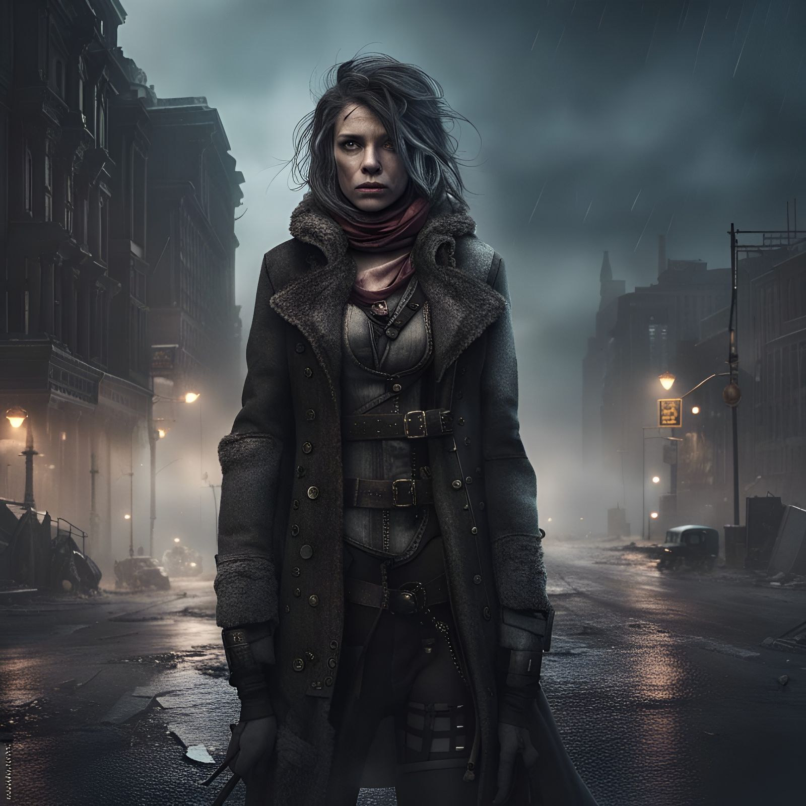 Steampunk Woman in War-Torn City Blizzard