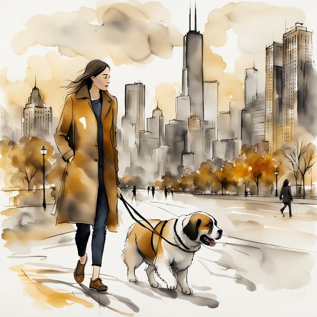 Woman Walking St. Bernard in Chicago: Sumi-e Art