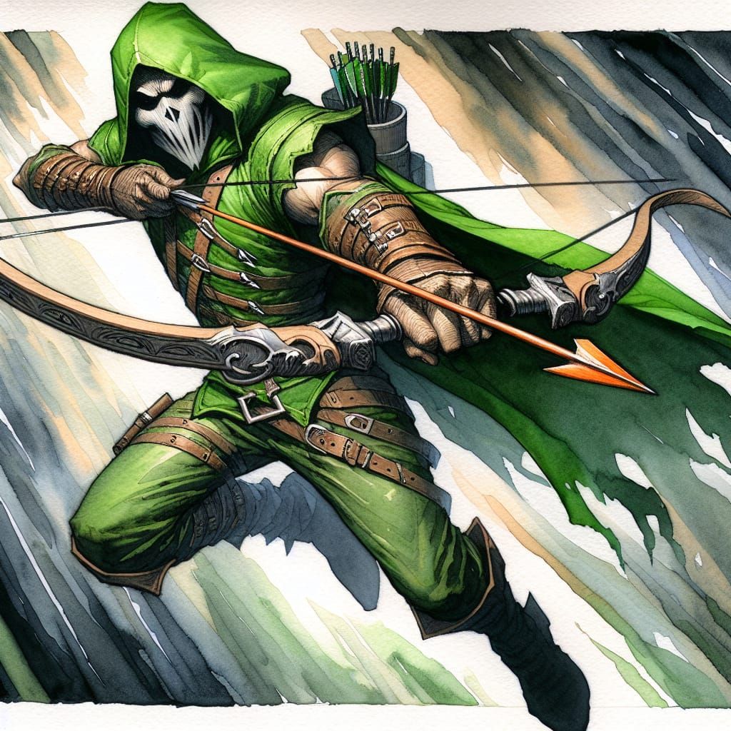 Dynamic Archer in Green: A Watercolor Action Scene