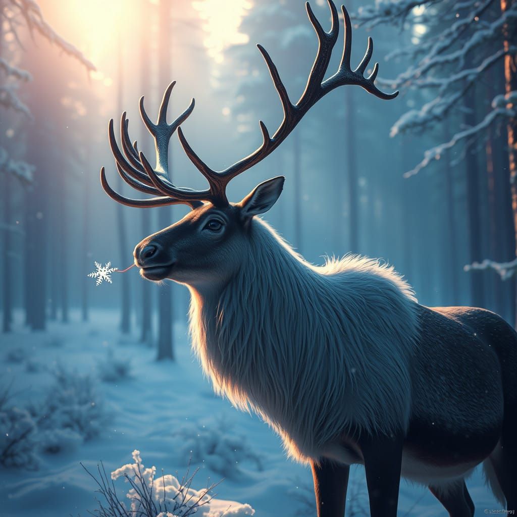 Majestic Reindeer in Snowy Forest Catches Snowflake