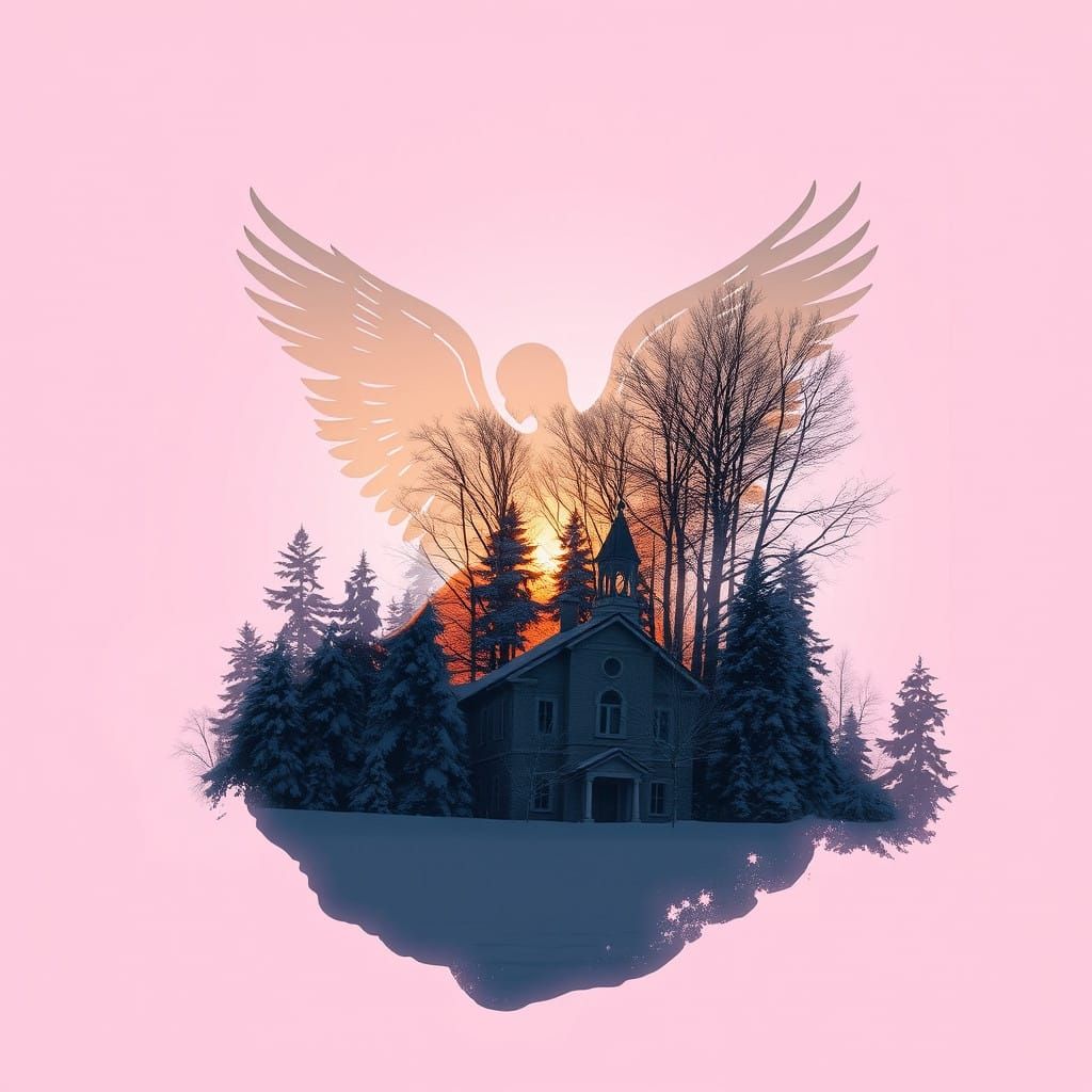 Ethereal Angel in Snowy Sunset Scene