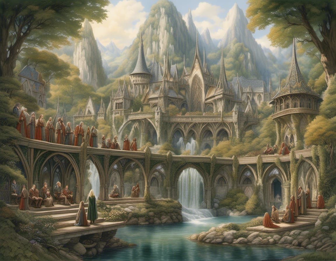 Council of Elrond in Rivendell: Hyperrealistic Elven Gatheri...