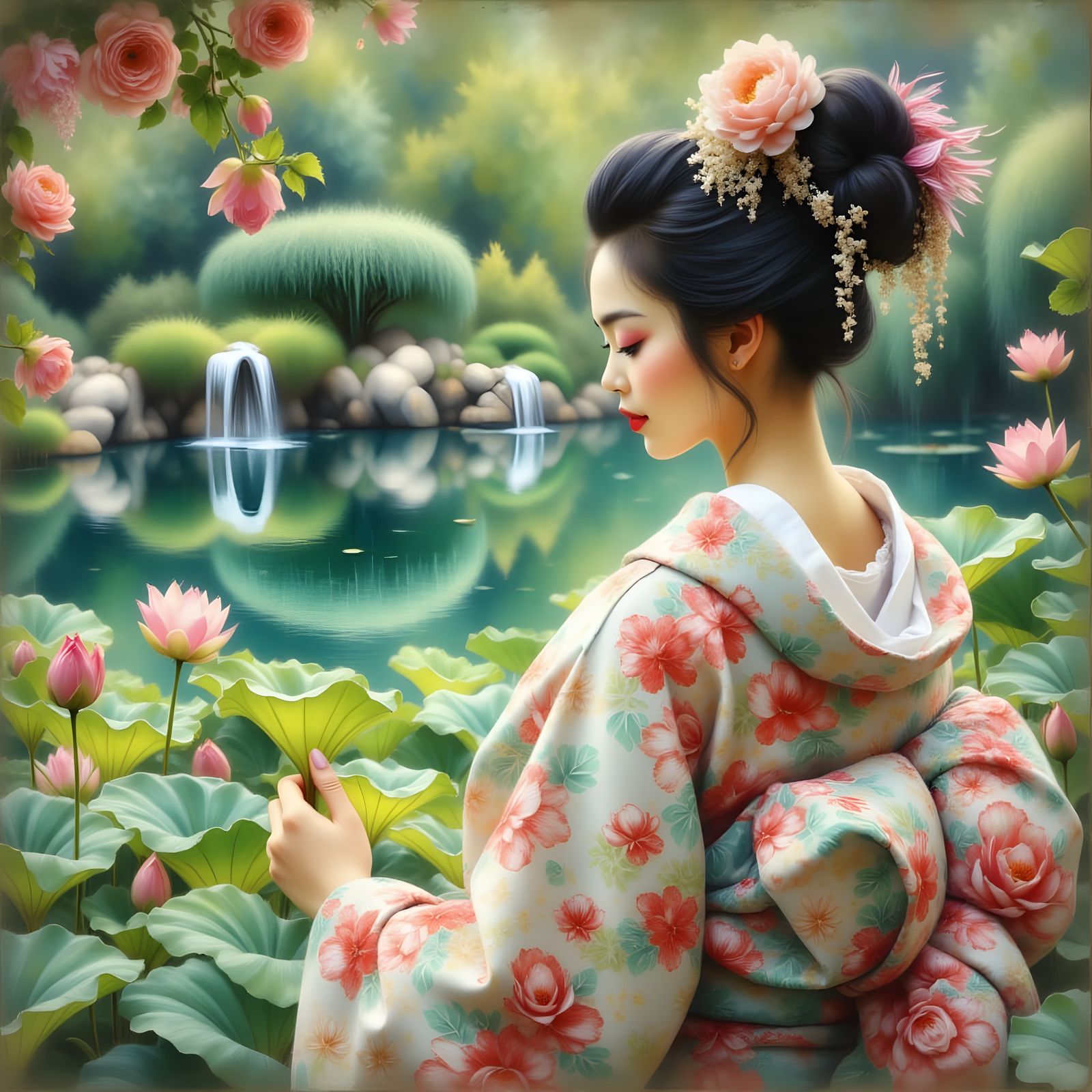 Serene Geisha Reflecting by Lotus Pond