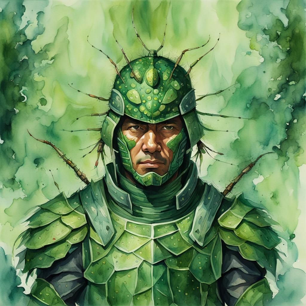 Green Armored Warrior: Detailed Watercolor Portrait