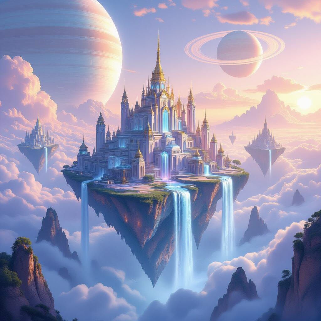 Epic Floating City in Pastel Sky