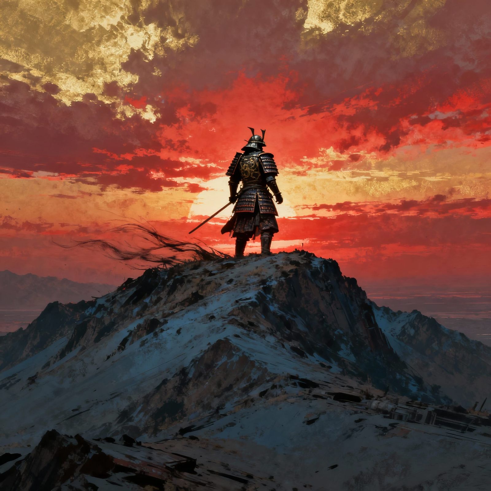 Samurai Warrior at Fiery Sunset Mountain Peak