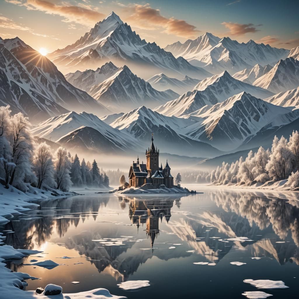 Icy Lake Reflects Snow-Capped Peaks: Digital Art