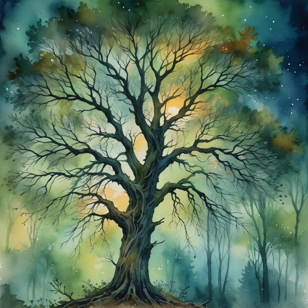 Ethereal Watercolor Tree in Enchanting Forest