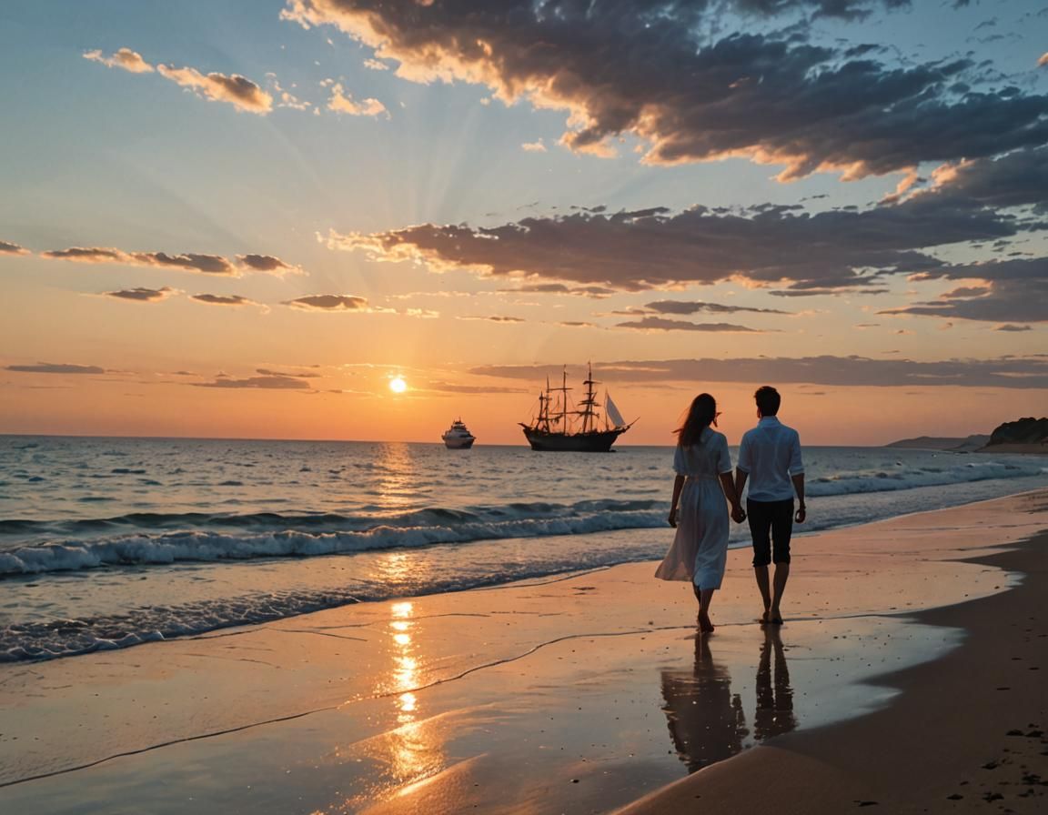 Romantic Sunset Beach Walk with Ship on Horizon