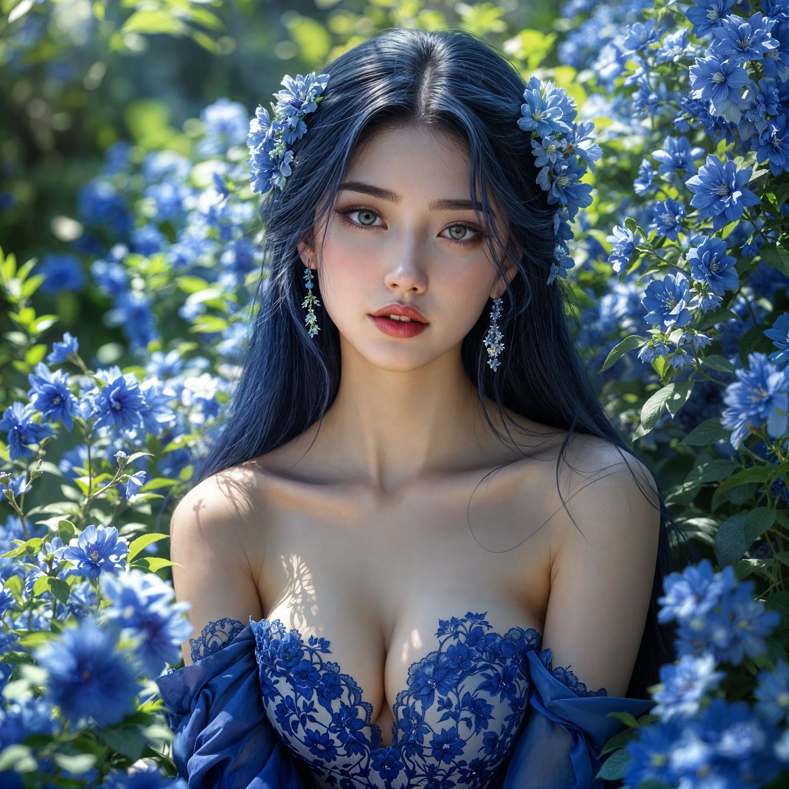 Hyperrealistic Fantasy Portrait of a Serene Woman in a Blue ...