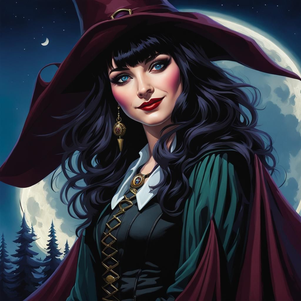 Whimsigoth Witch with Moon in Art Nouveau Style