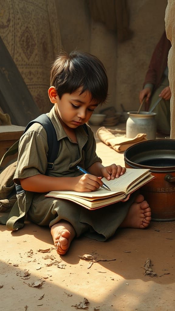 Boy Writing in Notebook, Earthy Tones, Gentle Realism