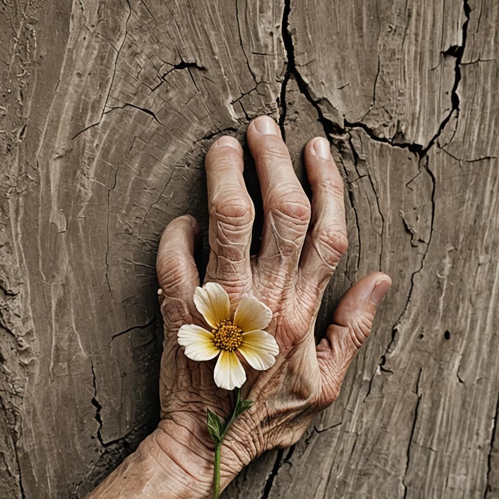 Weathered Hand Holding Flower: Beauty of Imperfection
