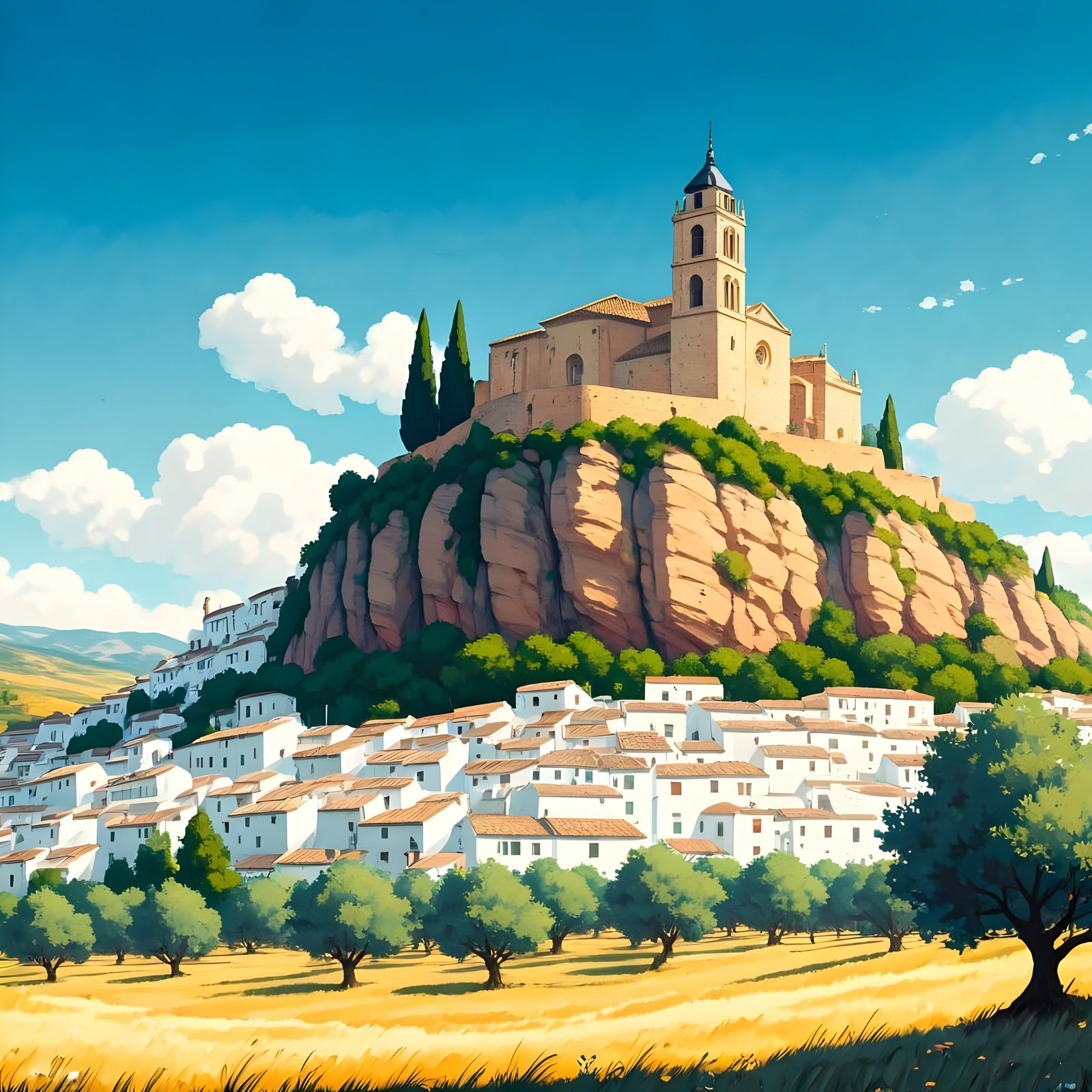 Andalucian Hilltop Village: A Digital Watercolour Painting