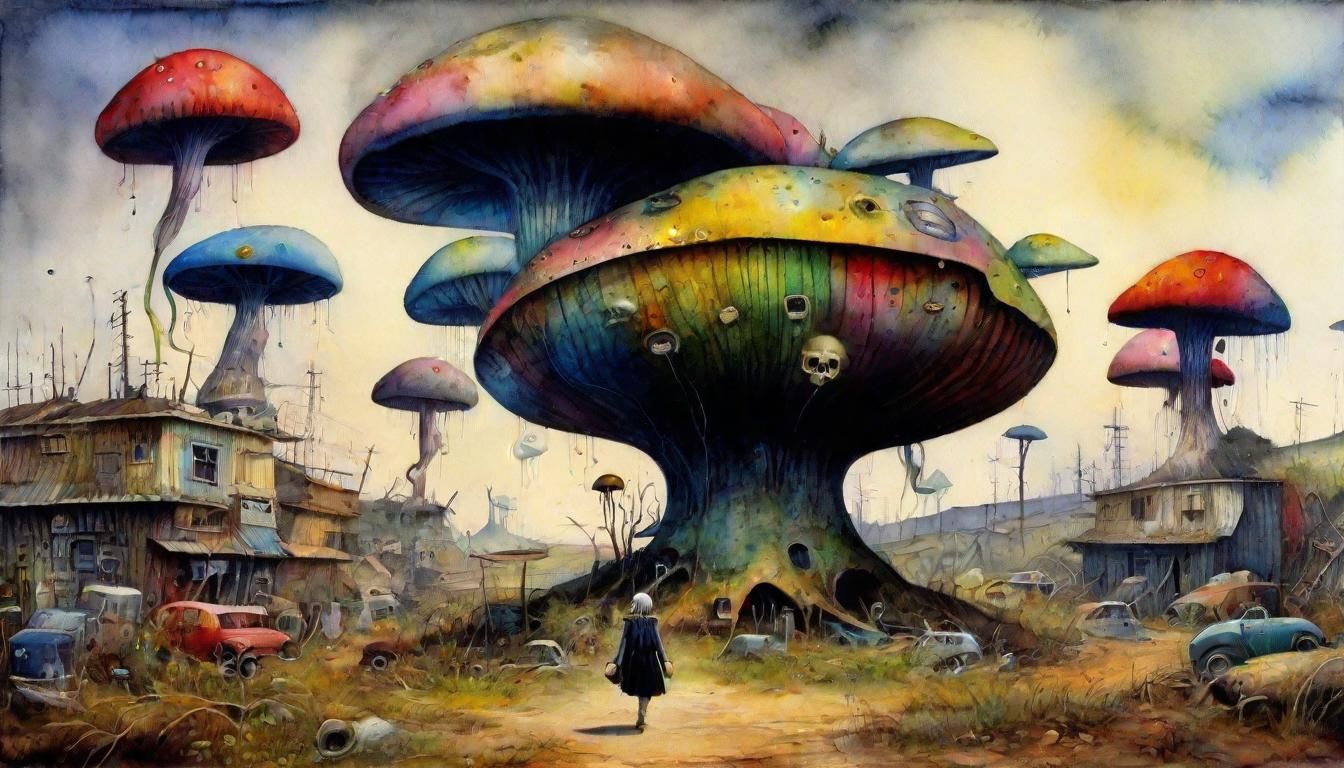 Cosmic Dancer in Junkyard, Watercolor Dark Fantasy