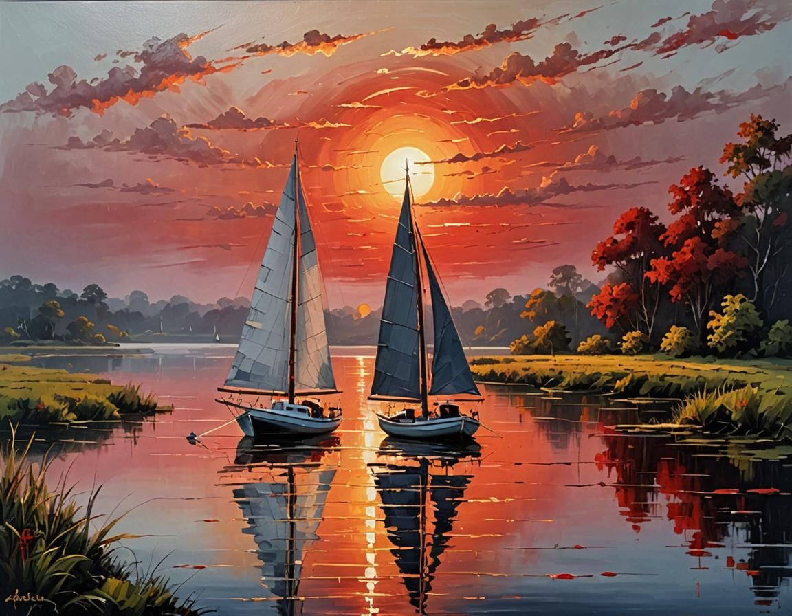 Magical River Scene with Sailboat in Oil Painting