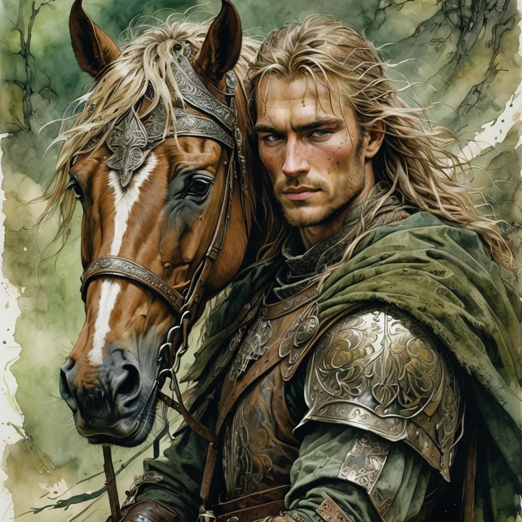 Detailed fantasy-picture of a rohirrim warrior with flaxen h...