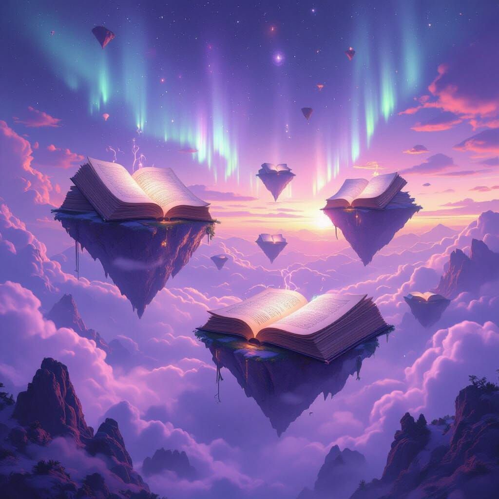 Floating Book Islands in Ethereal Sci-Fi Style
