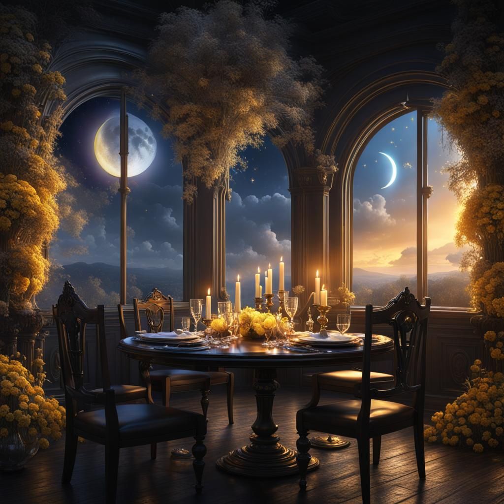 Romantic Candlelit Dinner Under Rainbow Moon