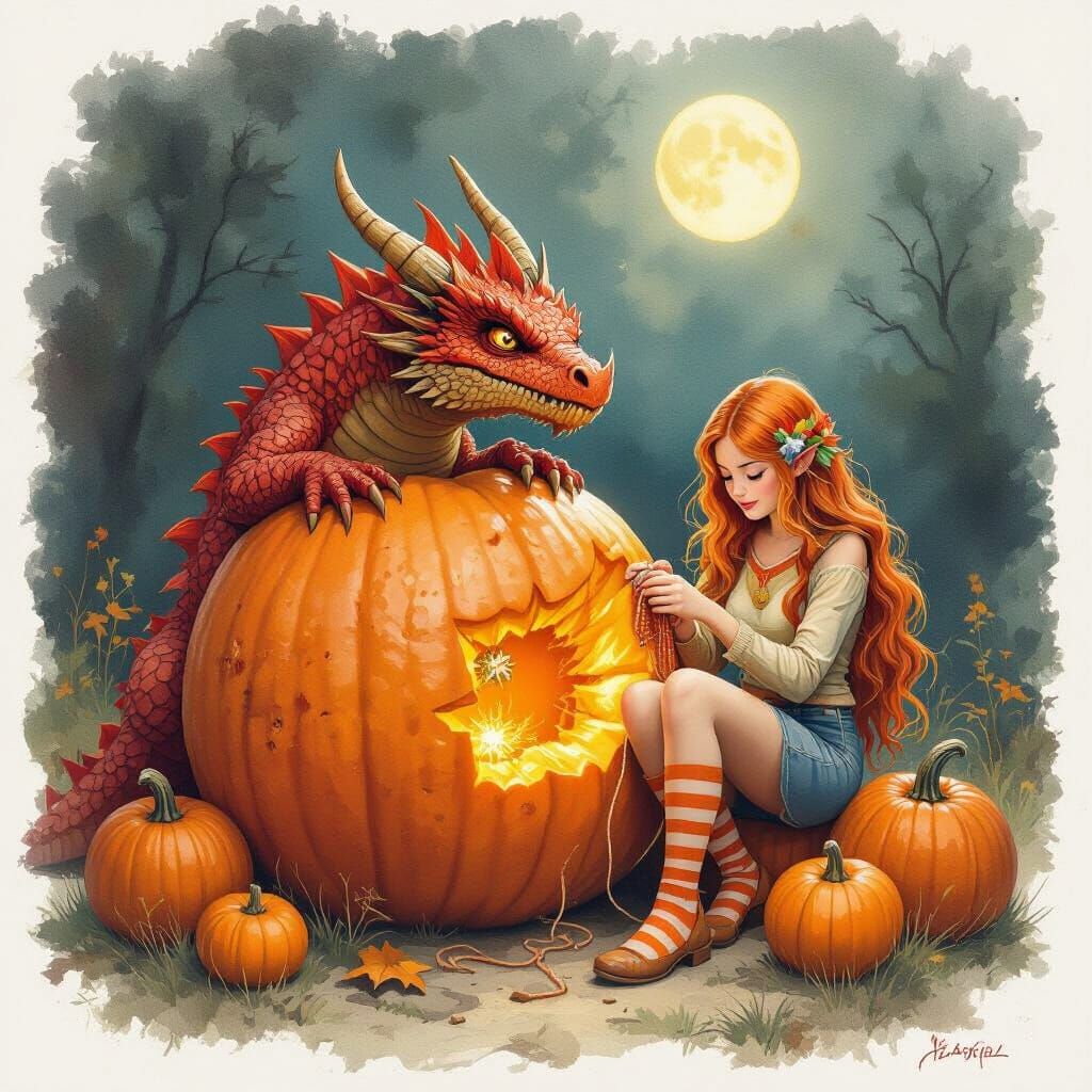 Dragon Sits on Pumpkin with Firefly Knitter