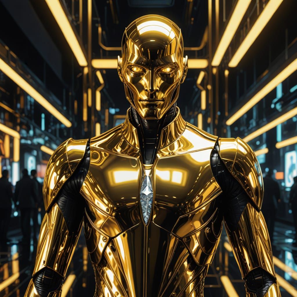 Android in Liquid Gold Dress: Syd Mead Style