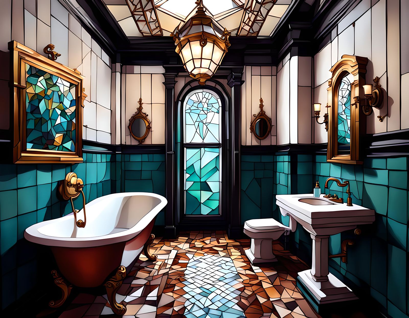 A beautiful low poly fantastical victorian bathroom scene,  ...