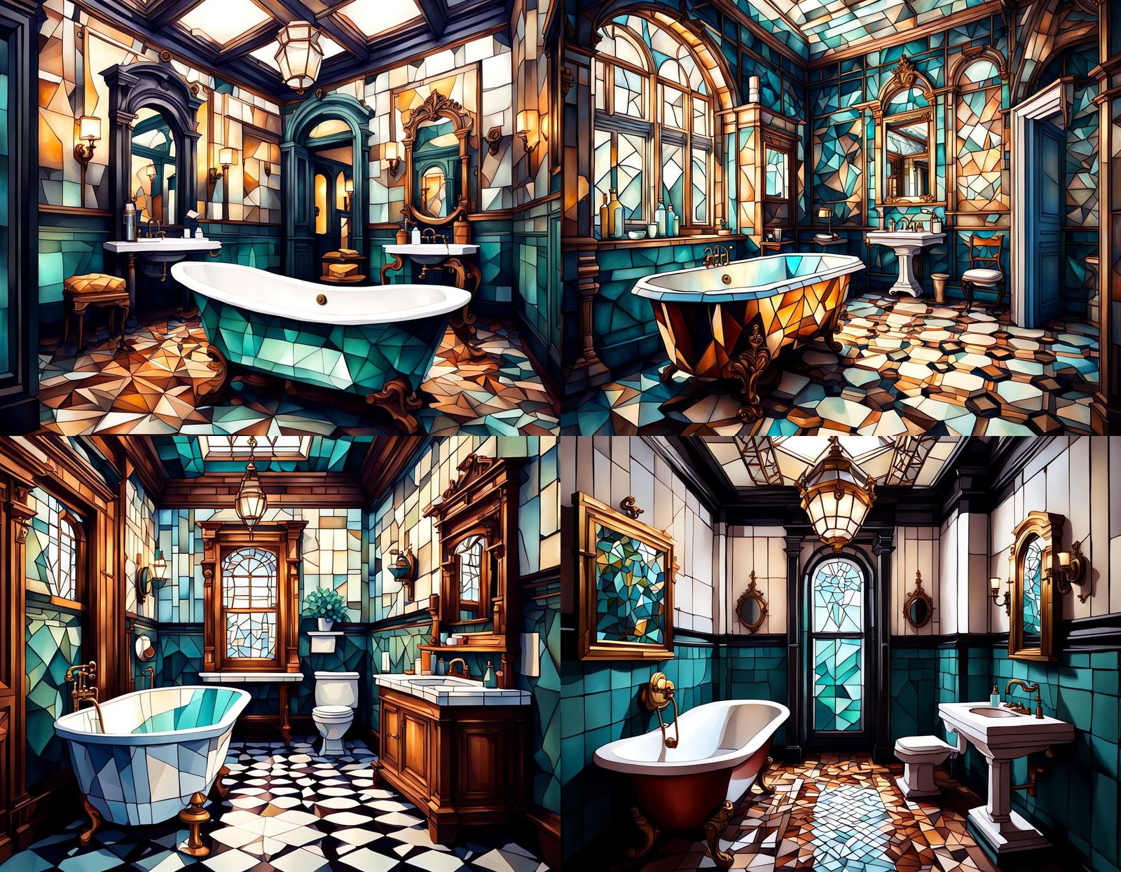 A beautiful low poly fantastical victorian bathroom scene,  ...