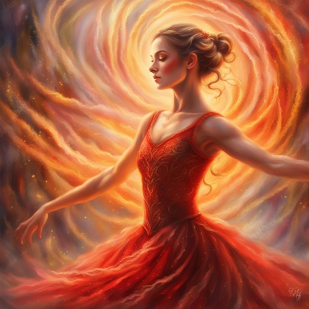 beautiful ballerina dancing with a  red dress that is in fla...