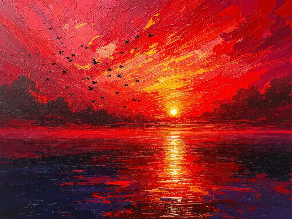 Vibrant Red Sunset Over Calm Ocean in Impasto Style