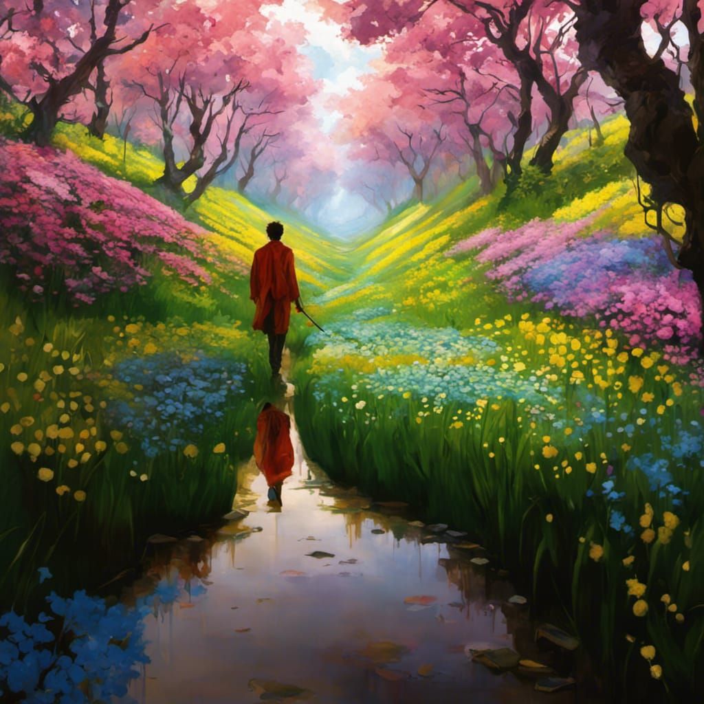 Man in Flower Field, Art Nouveau Style