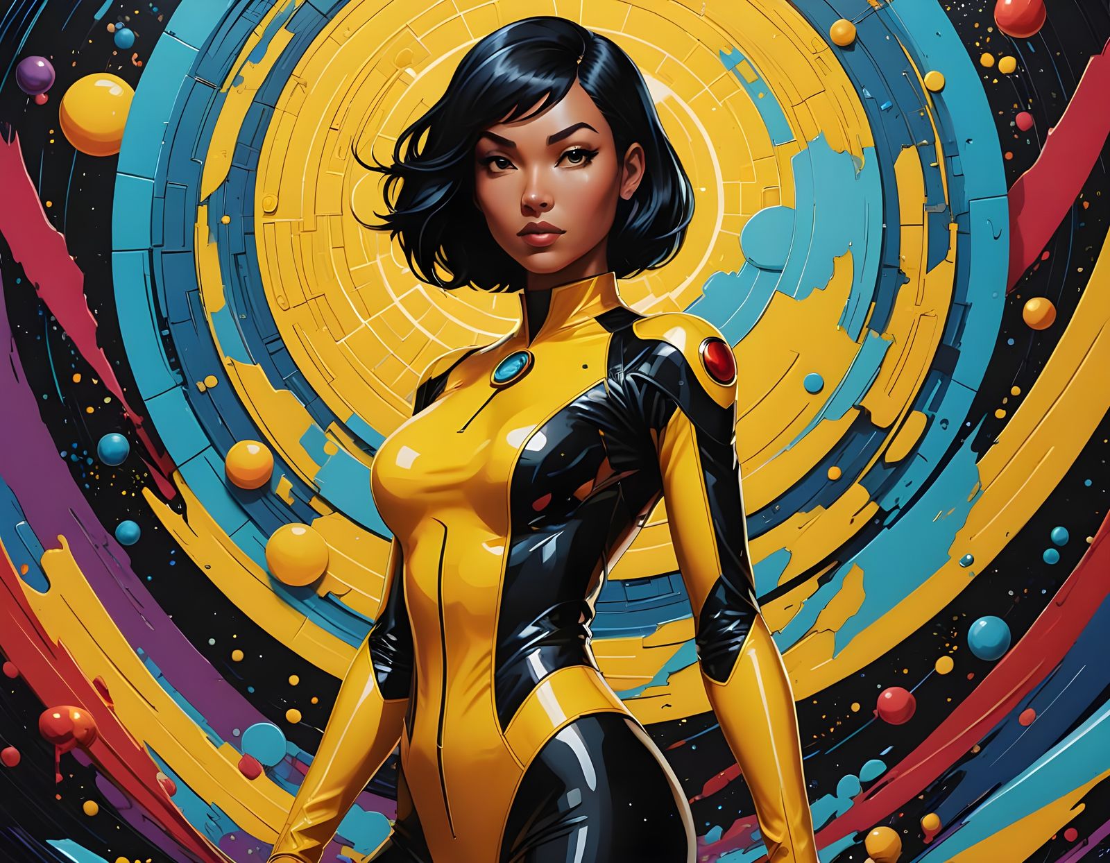Vintage-Inspired Super Spy in Yellow Latex Bodysuit
