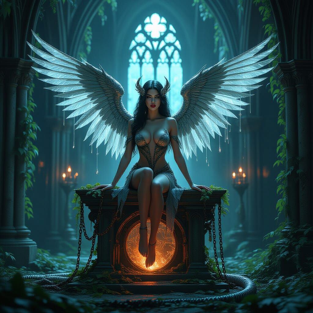 Gothic Cathedral Siren-Angel Overgrown with Bioluminescent V...