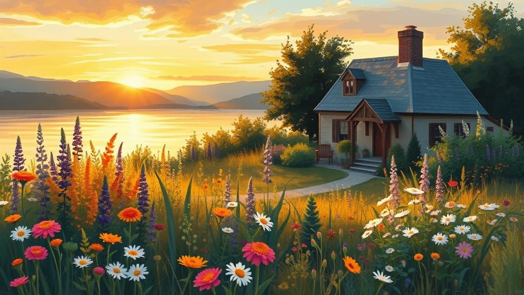 Impressionistic Summer Landscape with Wildflowers and Cozy C...