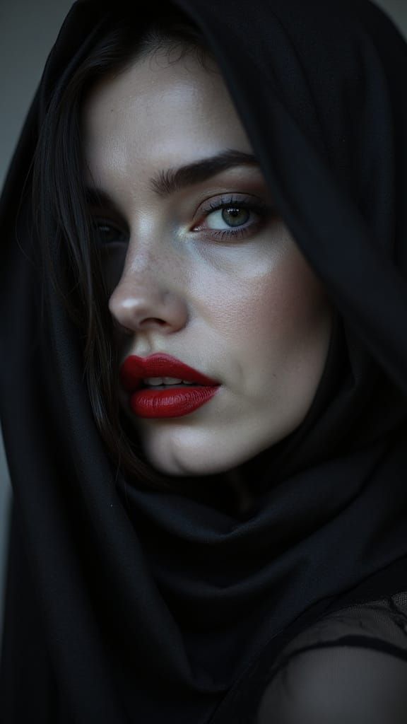 Elegant Noir Portrait with Grayscale Skin and Red Lips