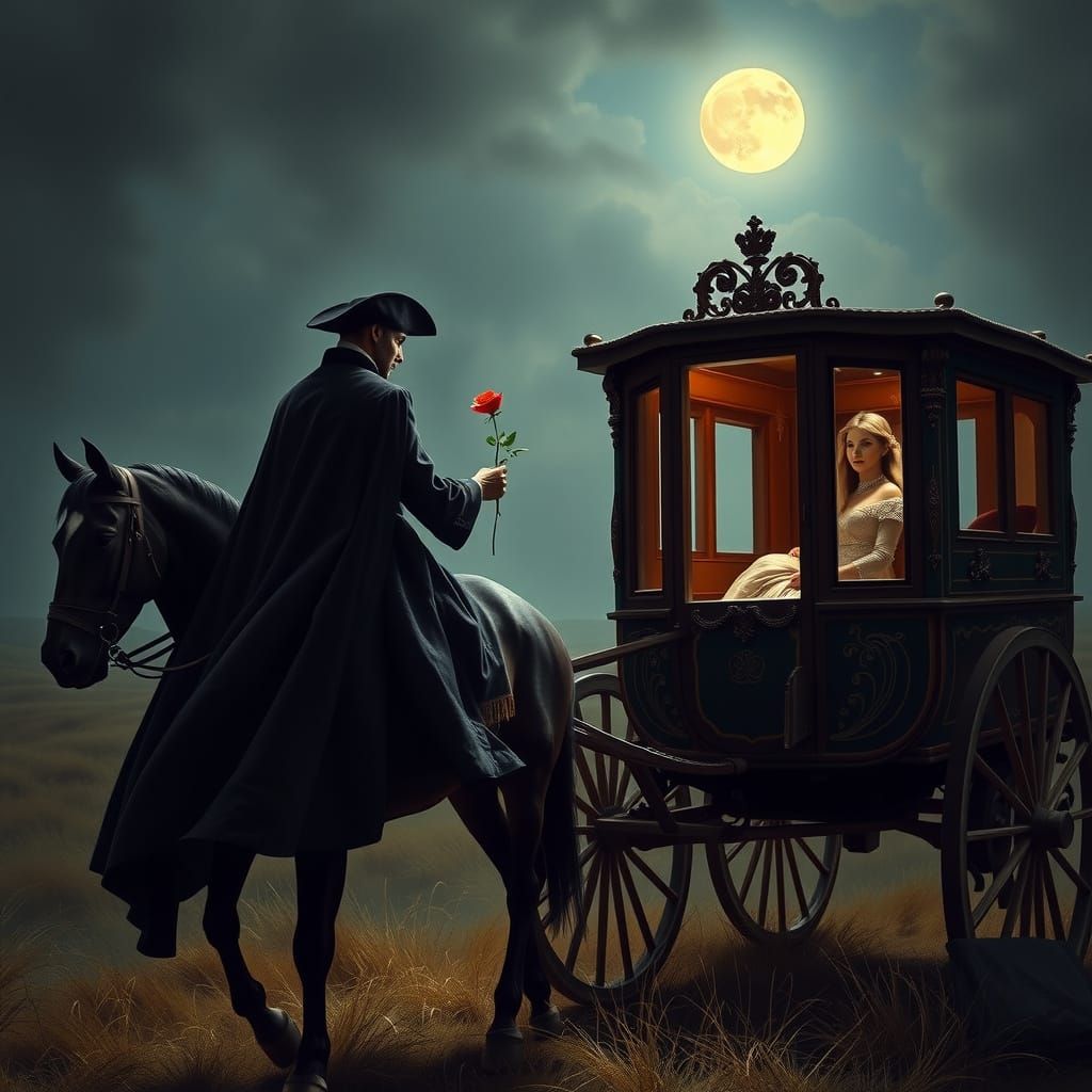 Midnight Highwayman Delivers Rose to Lady on Moonlit Moor