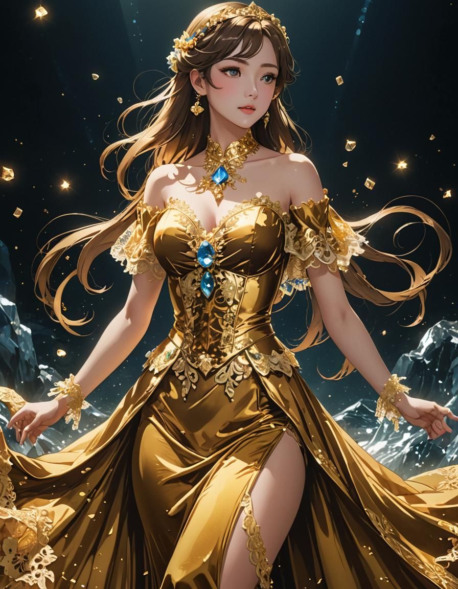 Gold Velvet Dress in Anime Cel-Shaded Style