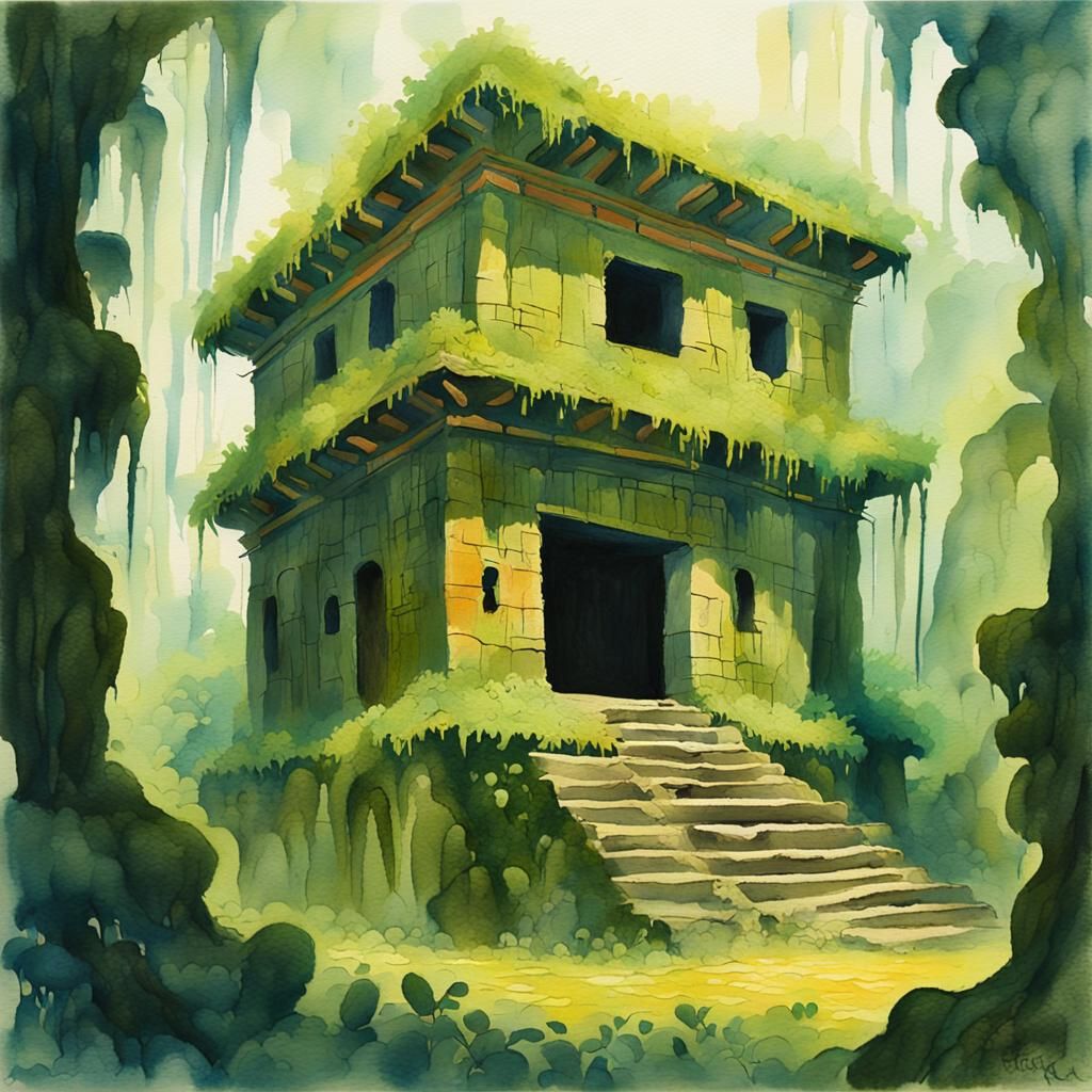 Moss-Covered Incan Building in Gouache Style
