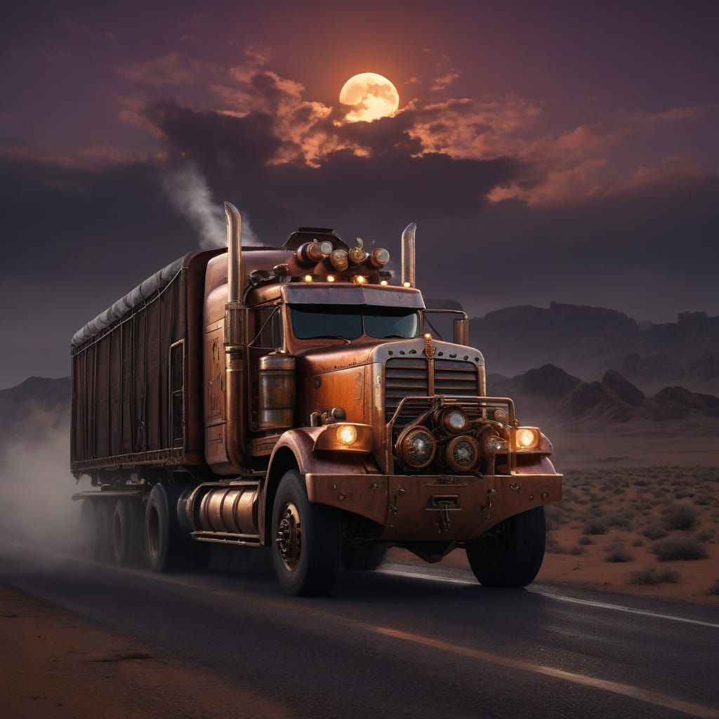 Steampunk Semi-Truck on Desert Highway at Dusk