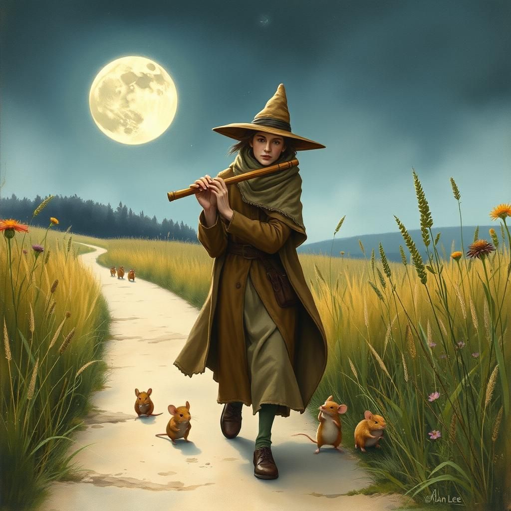 Enigmatic Flute Player and Mice in Fairy Tale Style
