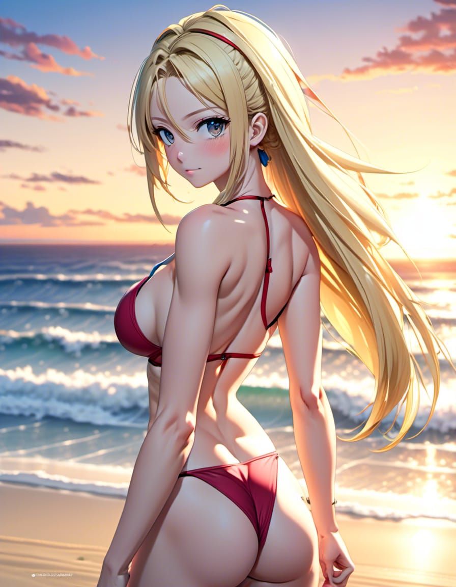 Blonde Woman at Sunset Beach in Anime Style
